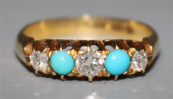 A late Victorian 18ct gold five stone diamond and turquoise half hoop ring, size L.